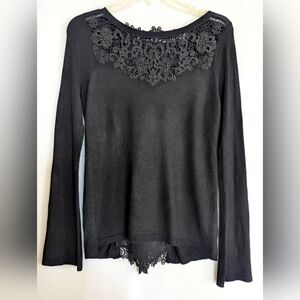 Women's XS WHBM Black Embellished Lace Ties Long Sleeve Sweater Romantic Gothic